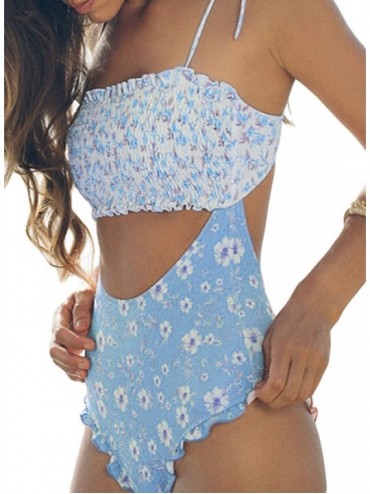 One-Pieces Women's Smocked Bandeau Ruffle Printed One Piece Swimsuit Sexy Halter Cutout Swimwear - A-sky Blue - CO18R9ERKN3 $...