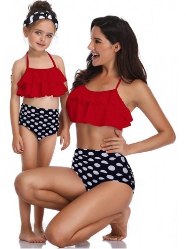 Tankinis Girls Women Flouncing Tankini Two Piece Family Matching Bathing Suits Mommy and Daughter Swimsuits Red Black White D...