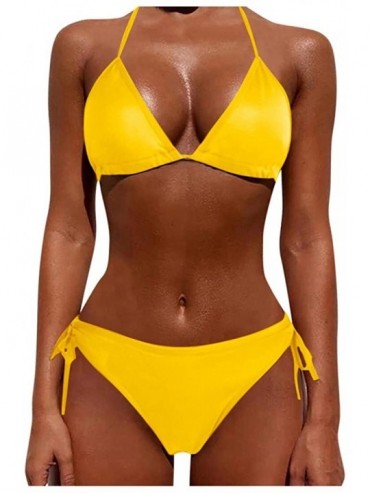 Board Shorts Women Tie Side Bottom Padded Top Triangle Bikini String Beach Bathing Suit Two Piece Swimsuit - Yellow - CJ196OX...