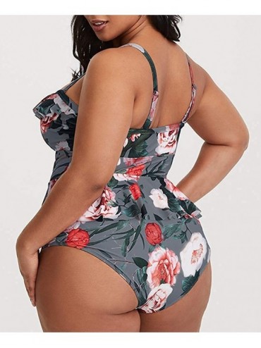 One-Pieces Womens Plus Size Swimwear Floral Print Ruffle Peplum 2 Piece Swimsuits Straps Backless Bikini Bathing Suits Gray -...