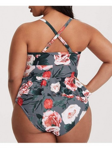 One-Pieces Womens Plus Size Swimwear Floral Print Ruffle Peplum 2 Piece Swimsuits Straps Backless Bikini Bathing Suits Gray -...
