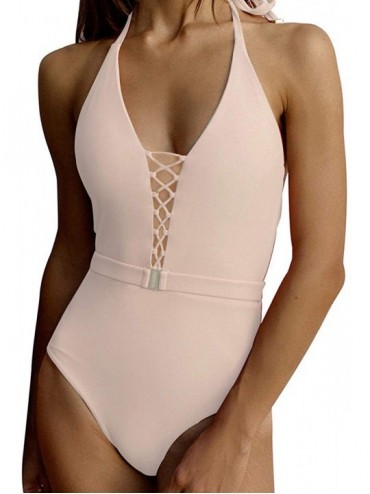 Sets Womens One Piece Swimsuits V Neck Cutout Lace Up Halter Belt High Waist Swimwear - White - CV194CNGT8H $39.91
