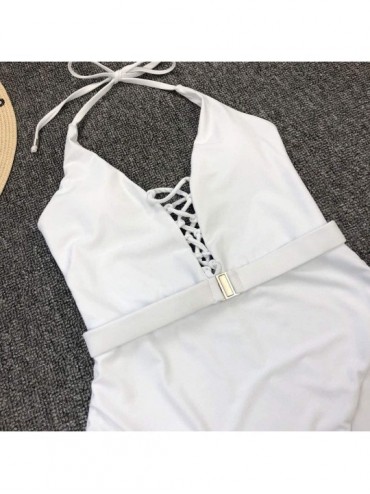 Sets Womens One Piece Swimsuits V Neck Cutout Lace Up Halter Belt High Waist Swimwear - White - CV194CNGT8H $23.73