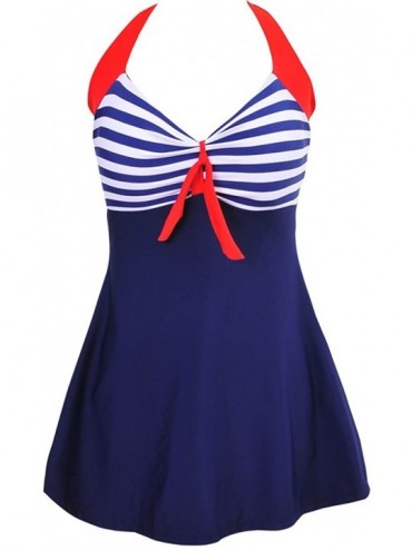 Racing Vintage Sailor Pin Up Swimsuit One Piece Skirtini Cover Up Swimdress - Blue Stripes - CM18DHEE2G0 $54.51