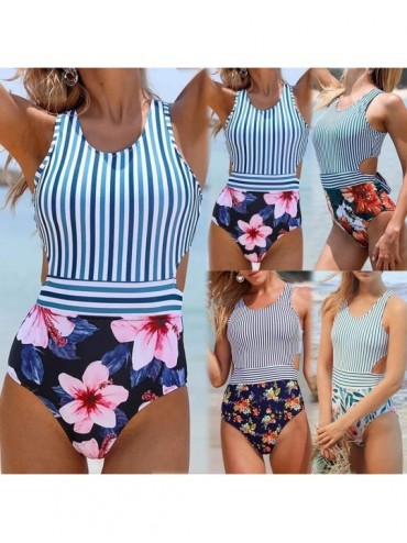 Tankinis Women One Piece Swimsuit High Neck Plunge Mesh Ruched Monokini Swimwear - E-blue - C71947Q4K4W $18.93