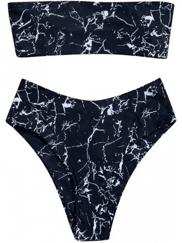 Sets Women's 2 Pieces Bandeau Bikini Swimsuits Off Shoulder High Waist Bathing Suit High Cut - Black Marble - CJ18H37D90O $49.35