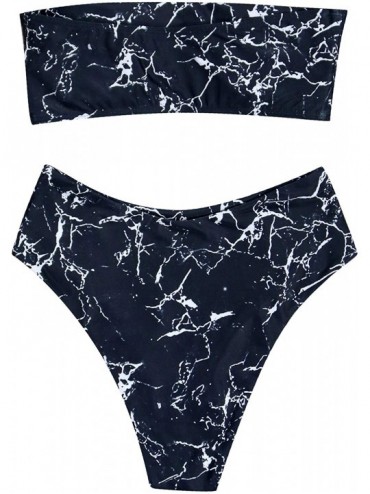 Sets Women's 2 Pieces Bandeau Bikini Swimsuits Off Shoulder High Waist Bathing Suit High Cut - Black Marble - CJ18H37D90O $29.87