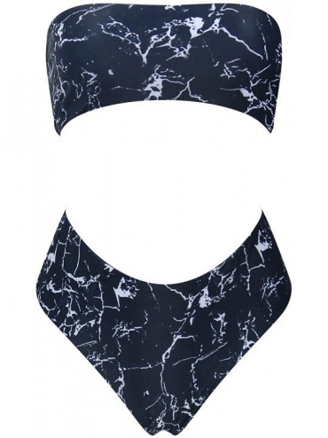 Sets Women's 2 Pieces Bandeau Bikini Swimsuits Off Shoulder High Waist Bathing Suit High Cut - Black Marble - CJ18H37D90O $29.87