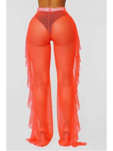 Cover-Ups Women Sexy See Through Sheer Mesh Ruffle Pants Perspective Swimsuit Bikini Bottom Cover up Party Clubwear Pants - O...
