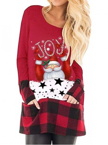 Tankinis Womens Christmas Tops Plaid Splice Hem Reindeer Long Sleeve Cute Tunic Blouse - A-red - CT192K3A5H2 $27.13