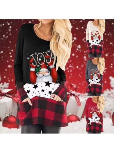 Tankinis Womens Christmas Tops Plaid Splice Hem Reindeer Long Sleeve Cute Tunic Blouse - A-red - CT192K3A5H2 $12.85
