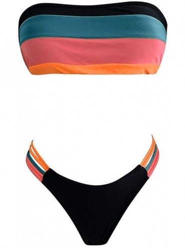 Sets Womens Cute Rainbow Unique Print High Cut Strapless Bandeau Bikini Set 2 Pieces Bathing Suit Swimsuit Swimwear Blue - CL...