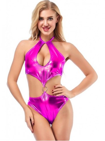 One-Pieces Women's Shiny Metallic PVC One Piece Halter Bodysuit Romper Cut Out Backless Swimsuit Babydoll G-String Lingerie T...