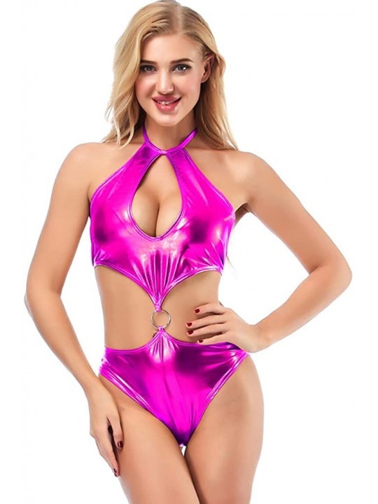 One-Pieces Women's Shiny Metallic PVC One Piece Halter Bodysuit Romper Cut Out Backless Swimsuit Babydoll G-String Lingerie T...