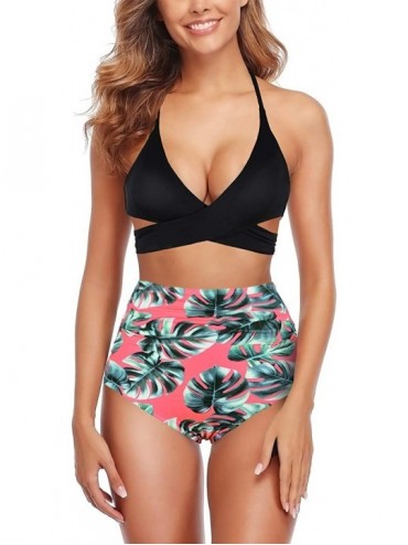 Sets Women's High Waisted Bikini Flounce Crop Top Swimsuits Two Piece Bathing Suits - Crisscross Black&pink - C8190HX46YU $17.57