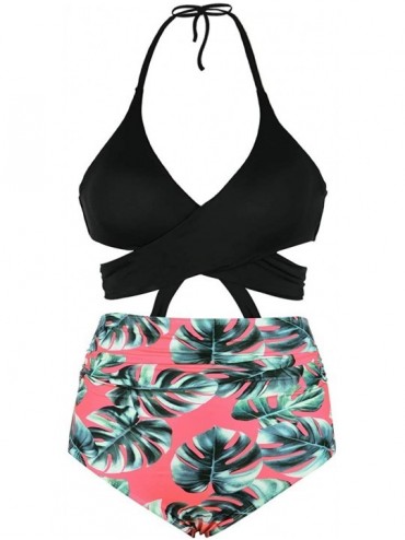 Sets Women's High Waisted Bikini Flounce Crop Top Swimsuits Two Piece Bathing Suits - Crisscross Black&pink - C8190HX46YU $17.57