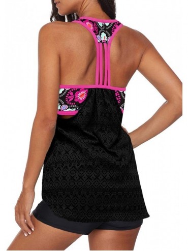 Tankinis Women Blouson Floral Print Strappy T-Back Push up Tankini Top Swimwear - Black - CX194MZONXL $16.08
