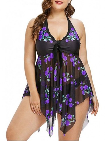 Sets Leaf Print Swimsuit Sexy Women Swimwear Beachwear Plus Size Bikini Tankini Set - A Purple - CP18S9LZII8 $35.75