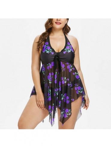 Sets Leaf Print Swimsuit Sexy Women Swimwear Beachwear Plus Size Bikini Tankini Set - A Purple - CP18S9LZII8 $18.61