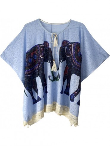Cover-Ups Womens Boho Tunic Colorful Knit Poncho Cape Soft Striped Beach Cover up - Blue Elephant - C217Z3LQ4D4 $20.33