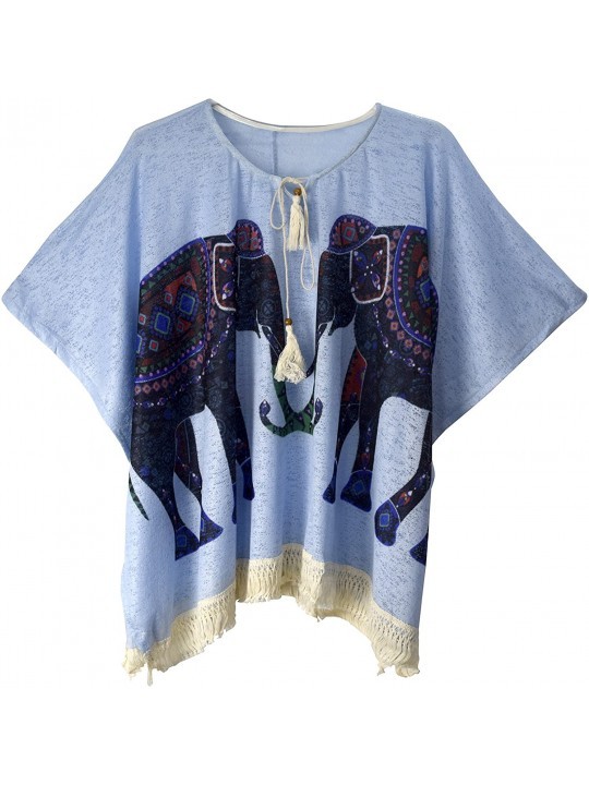 Cover-Ups Womens Boho Tunic Colorful Knit Poncho Cape Soft Striped Beach Cover up - Blue Elephant - C217Z3LQ4D4 $7.92