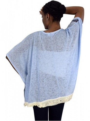 Cover-Ups Womens Boho Tunic Colorful Knit Poncho Cape Soft Striped Beach Cover up - Blue Elephant - C217Z3LQ4D4 $7.92