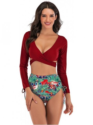 Sets Women's Long Sleeves Wrap Push up High Waist Print Bikini Swimsuit - Red - CR193QA6ZWD $41.15