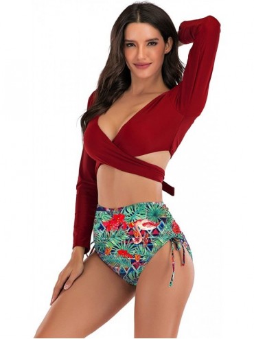 Sets Women's Long Sleeves Wrap Push up High Waist Print Bikini Swimsuit - Red - CR193QA6ZWD $20.30