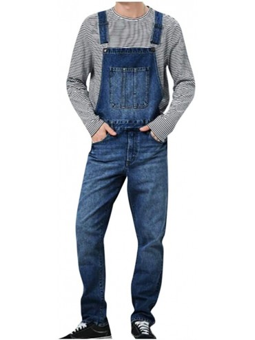 Board Shorts Men's Denim Bib Overalls Fashion Button Skinny Jeans Slim Long Jumpsuit Pants with Pockets - Dark Blue - CO192OE...