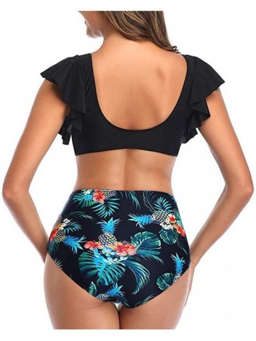 Sets Women's Flounce Swimsuit Two Piece Floral High Waisted Shirred Bikini Set Tie Front Short Sleeve Top Ruffle Swimsuit - 0...