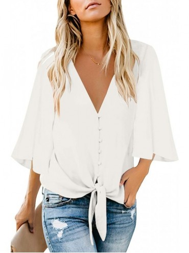 Cover-Ups Women's Casual 3/4 Bell Sleeve Blouse V Neck Mesh Panel Loose Top Shirt - 2311-1 White - C7190ND2NH9 $23.77