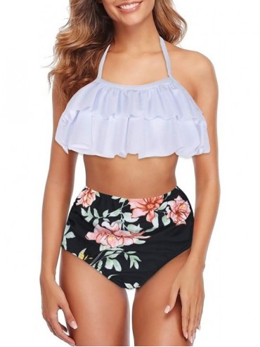 Sets Women's High Waist Bikini Tassel Flounce Two Piece Swimsuits Flowy Bathing Suit - White Flower-halter - CX190LEOYQ5 $45.90