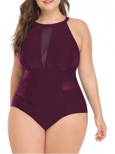 One-Pieces Plus Size One Piece Swimsuit for Women High Neck Plunge Mesh Cutout Monokini Swimwear - Dark Purple - CO18RNWO65U ...