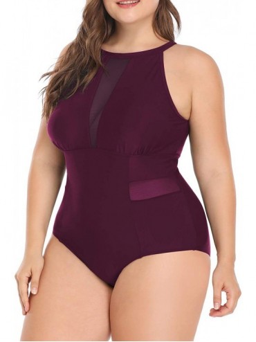 One-Pieces Plus Size One Piece Swimsuit for Women High Neck Plunge Mesh Cutout Monokini Swimwear - Dark Purple - CO18RNWO65U ...