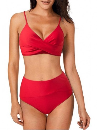 Sets Women Stripe Wrap Top High Waisted Bikini Twist Two Piece Swimsuit - Solid-red - CM1906CZ39Q $46.37