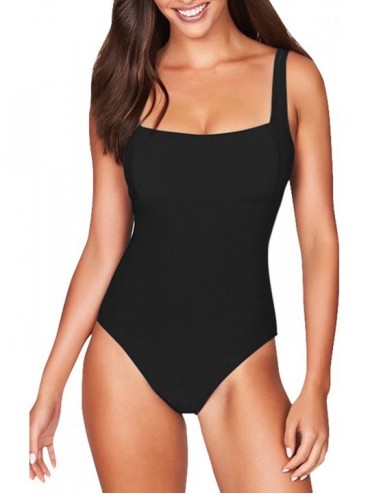 One-Pieces Women's Square Neck High Cut One Piece Padded Swimsuit Bathing Suit - Black - CS18EMXL6RC $19.72