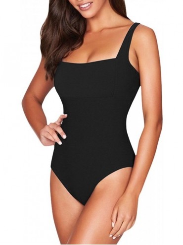 One-Pieces Women's Square Neck High Cut One Piece Padded Swimsuit Bathing Suit - Black - CS18EMXL6RC $19.72