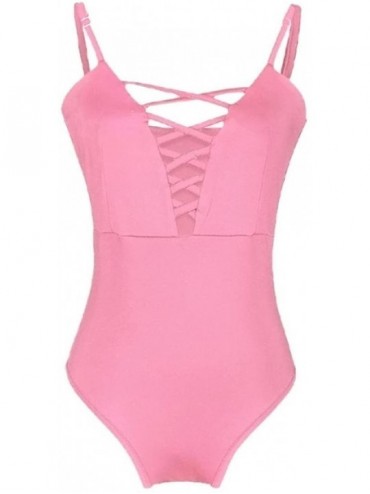Sets Solid Color Strap Swimsuit-Women's Swimwear One Piece Swimsuit Push Up Bikini Bathing Suit(New) - Pink - CB1890D2XTI $8.95