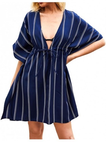 Cover-Ups Women Cover Ups for Swimwear Striped Beach Swim Coverup Dress - Navy - CR194KECZ3T $34.02