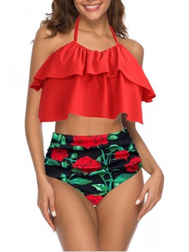One-Pieces Women High Waisted Swimsuit Two Piece Ruffled Flounce Top with Ruched Bottom - 25floral Rose - CE18S69W294 $47.59