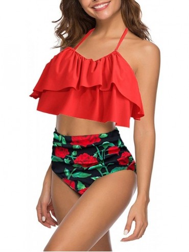 One-Pieces Women High Waisted Swimsuit Two Piece Ruffled Flounce Top with Ruched Bottom - 25floral Rose - CE18S69W294 $29.82