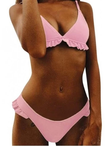 Sets Women's Swimwear Two-Piece Push-up Bikini Set Ruffled Swimsuit Low-waist Swimsuit Set - Pink - CY18SXIA0RM $24.16