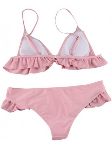 Sets Women's Swimwear Two-Piece Push-up Bikini Set Ruffled Swimsuit Low-waist Swimsuit Set - Pink - CY18SXIA0RM $28.46