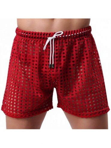 Briefs Men's Hollow Openwork Drawstring Bikini Cover up Boxer Briefs Shorts Swim Trunks - Red - C912HQS0A7H $30.04