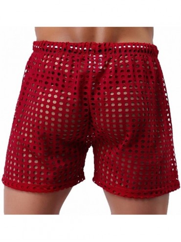 Briefs Men's Hollow Openwork Drawstring Bikini Cover up Boxer Briefs Shorts Swim Trunks - Red - C912HQS0A7H $19.08