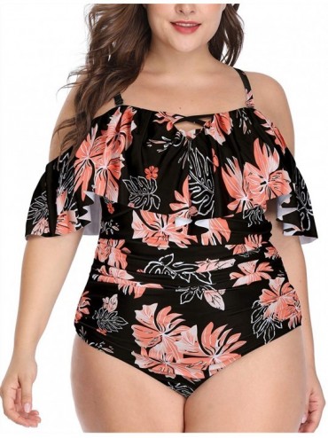 One-Pieces Women Plus Size Swimsuits One Piece Tummy Control Off Shoulder Bathing Suit - Pink Flower - C01965I06W0 $51.76