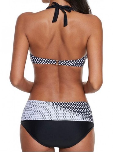 Sets Women Vintage Swimsuit Two Piece Polka Dot Print Twist Knot Front Halter High Waist Bikini Sets Bathing Suit Black - CS1...