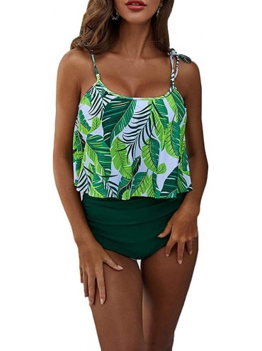 Sets Womens Ruffle Printed Cami Tank Crop Top High Waisted Tankini 2 Piece Swimsuit Swimwear - Green Top - C3194AW0W7T $25.40