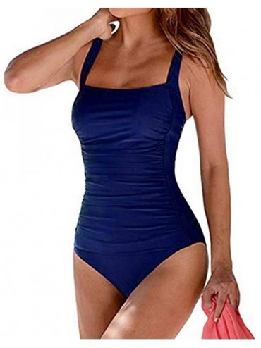One-Pieces Women's Vintage Padded Push up One Piece Bathing Suit Ruched Tummy Control Swimsuit Swimwear - Blue - CB18TQCS53Y ...