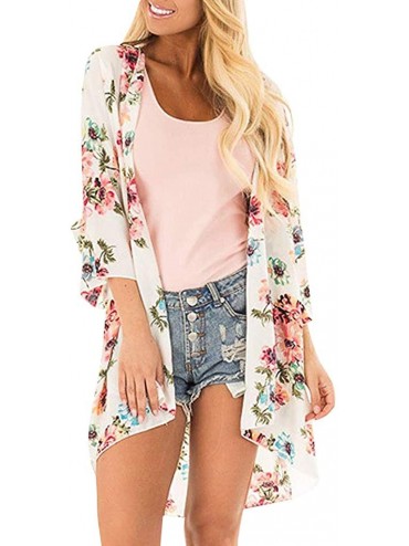 Cover-Ups Women's Beach Cover up Swimsuit Kimono Cardigan with Bohemian Floral Print White - CM18SS36TLI $31.89